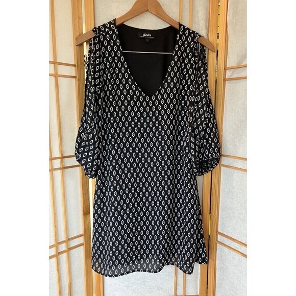 Lulus Shifting Dears Cold Shoulder Shift Black & White Print Dress Small, Lined - Picture 3 of 12